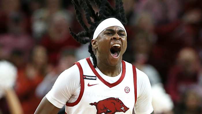Razorback' Keyon Menifield reacts to another big play against UNC Wilmington